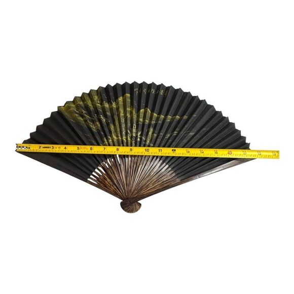 Handcrafted Black & Gold Asian Oriental Folding Fan Scenic Landscape Design 18" - Picture 5 of 7